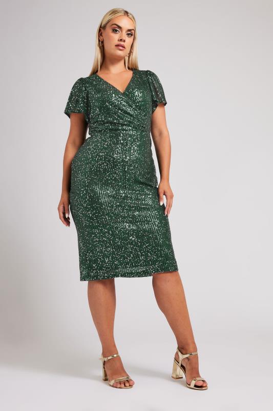 Plus Size  YOURS LONDON Curve Green Sequin Embellished Wrap Dress