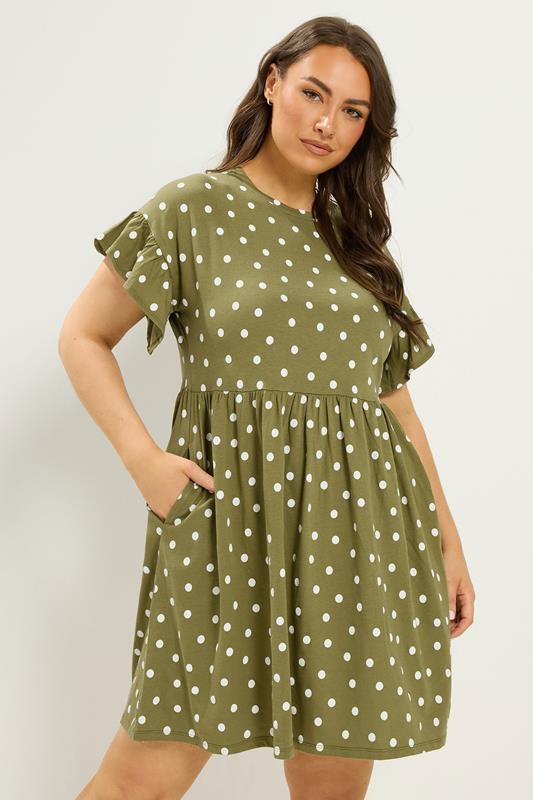  YOURS Curve Khaki Green Polka Dot Tunic Dress