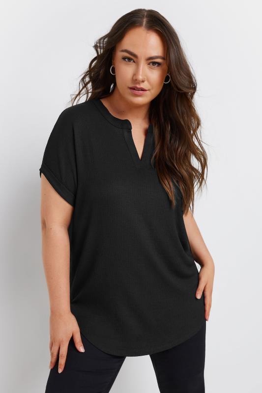 YOURS Plus Size Black Textured Notch Neck Top | Yours Clothing 3