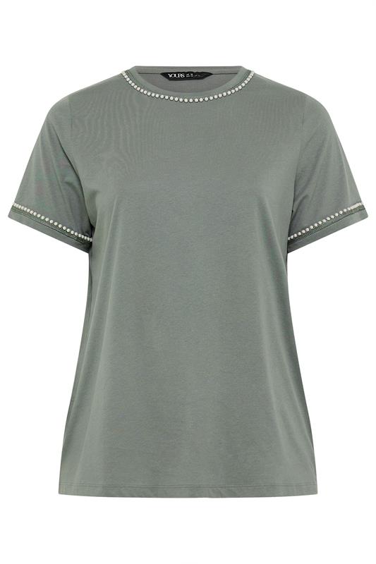 YOURS Plus Size Sage Green Pearl Trim T-Shirt | Yours Clothing 5