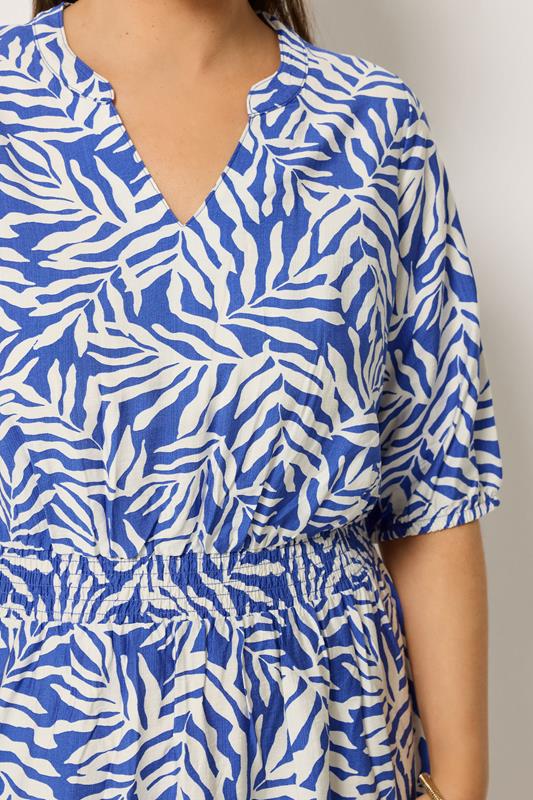 YOURS Plus Size Blue Leaf Print Notch Neck Dress | Yours Clothing 4