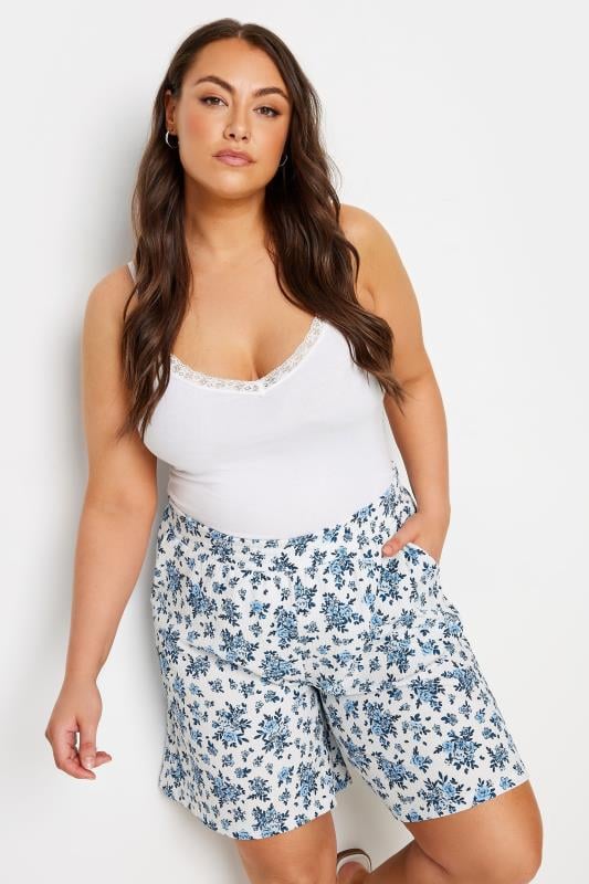 YOURS Plus Size White Vintage Floral Textured Shorts | Yours Clothing 1