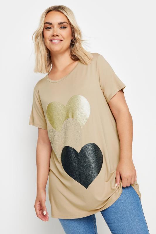 YOURS Plus Size Natural Brown Foil Heart Print T-Shirt | Yours Clothing  2