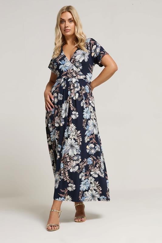 Plus Size  YOURS Curve Navy Blue Floral Print Wrap Dress