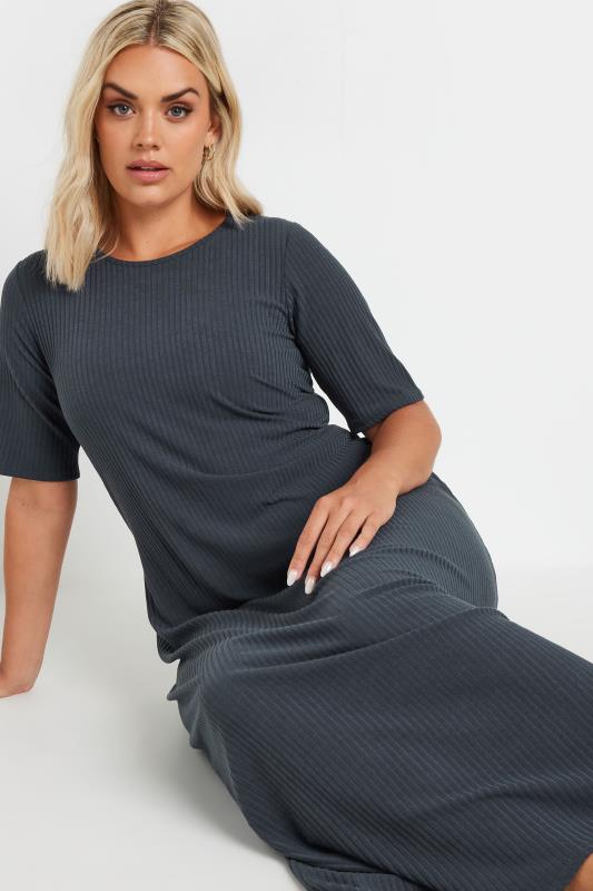 YOURS Plus Size Charcoal Grey Ribbed Maxi Dress | Yours Clothing  2