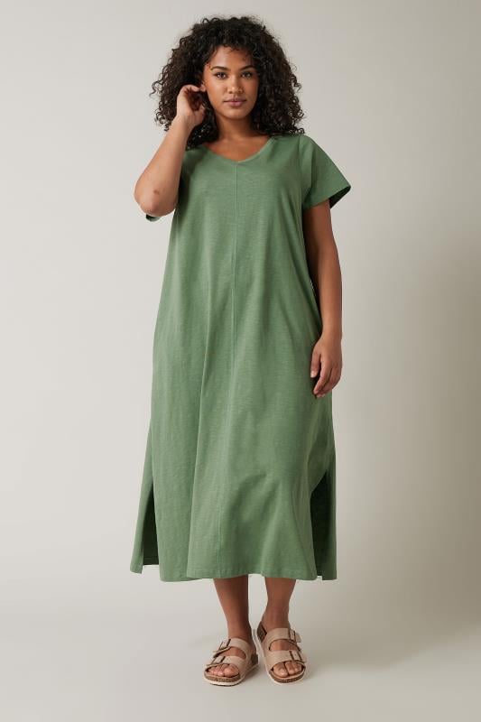 EVANS Plus Size Khaki Green Cotton Midi Dress | Evans 2