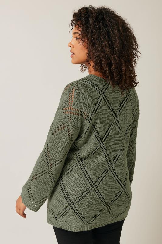 EVANS Plus Size Khaki Green Diamond Pointelle Jumper | Evans 3