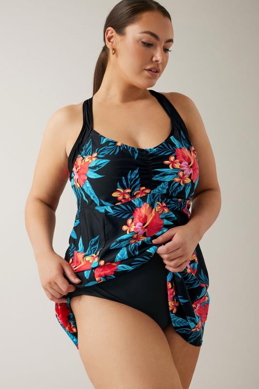 Evans Black Tropical Print Halter Back Swim Dress | Evans 2