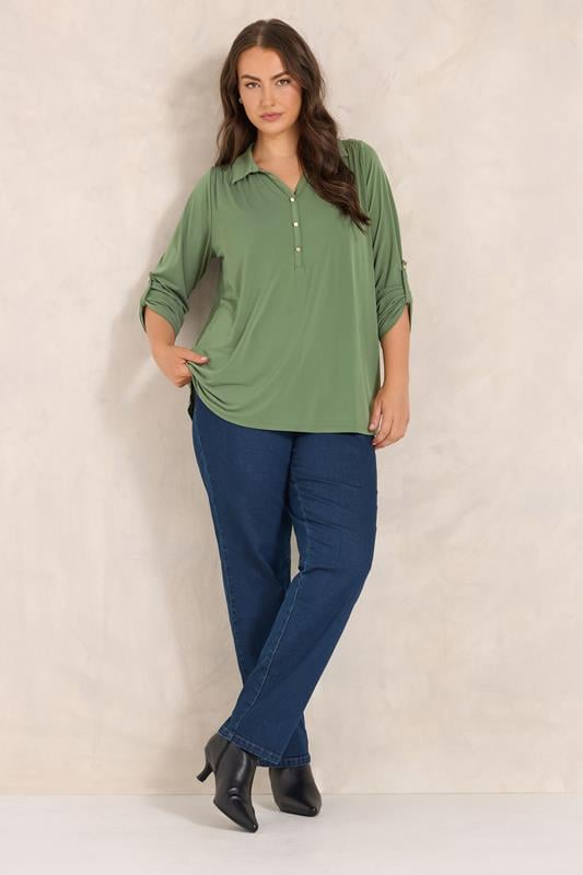 EVANS Plus Size Khaki Green Long Sleeve Blouse | Evans  1