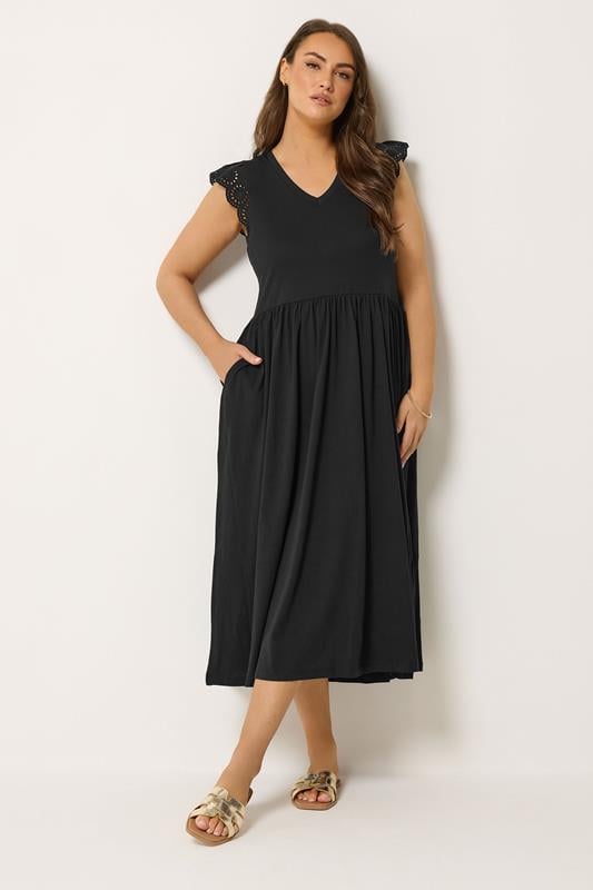 YOURS Plus Size Black Broderie Sleeve Maxi Dress | Yours Clothing 1