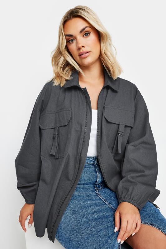 Plus Size  YOURS Curve Charcoal Grey Utility Bomber Jacket