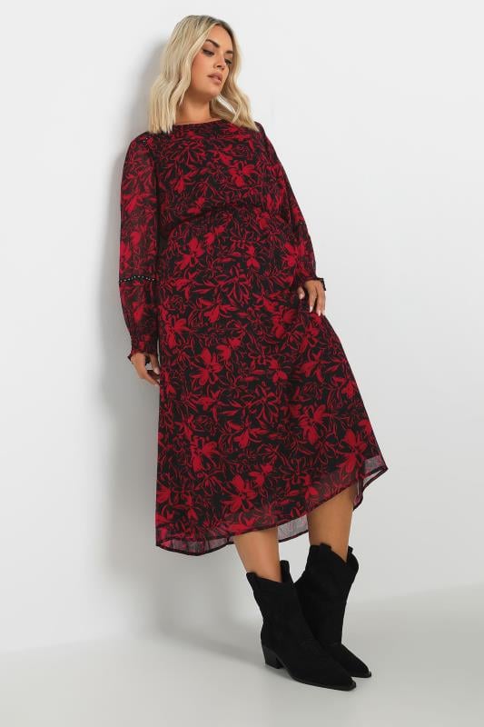 YOURS Plus Size Red Floral Print Chiffon Midaxi Dress | Yours Clothing  2