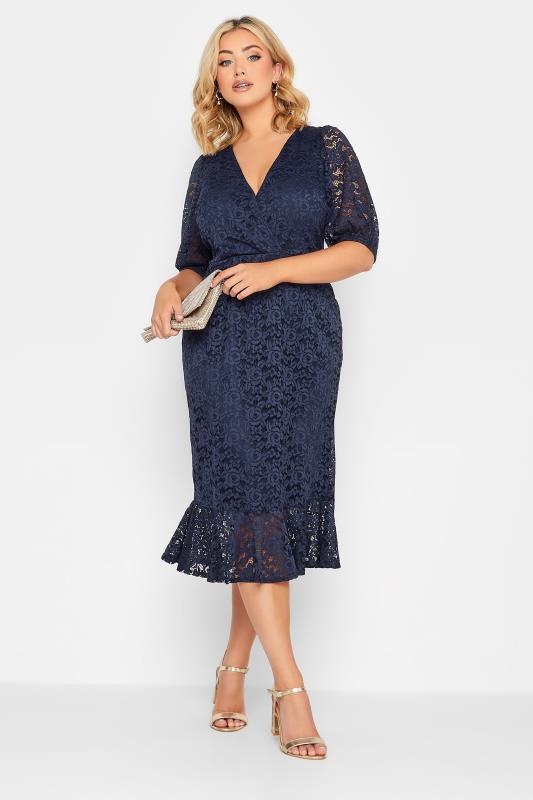 YOURS LONDON Plus Size Navy Blue Lace Wrap Dress | Yours Clothing  2