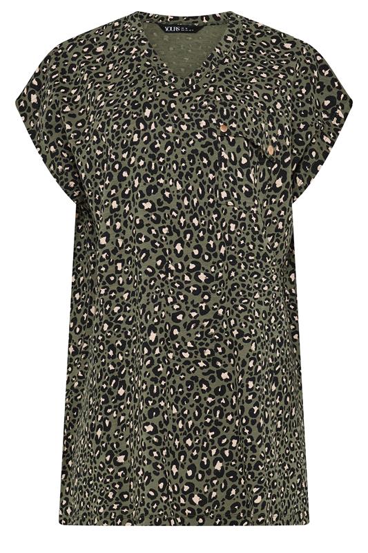YOURS Plus Size Khaki Green Leopard Stud Pocket T-Shirt | Yours Clothing 5