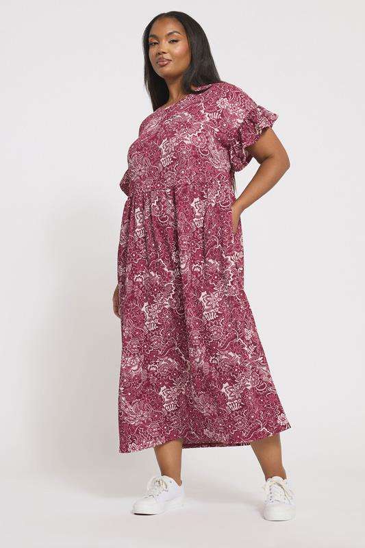 YOURS Plus Size Burgundy Red Floral Frill Sleeve Midaxi Dress | Yours Clothing 3