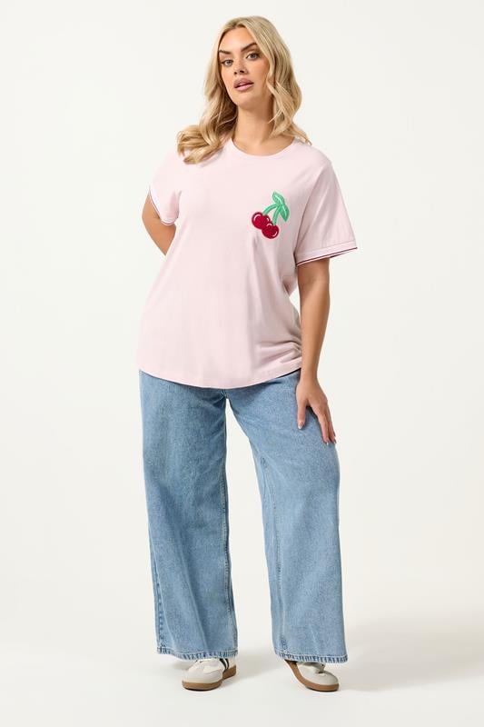 YOURS Plus Size Pink Cherry Varsity Trim T-Shirt | Yours Clothing 1