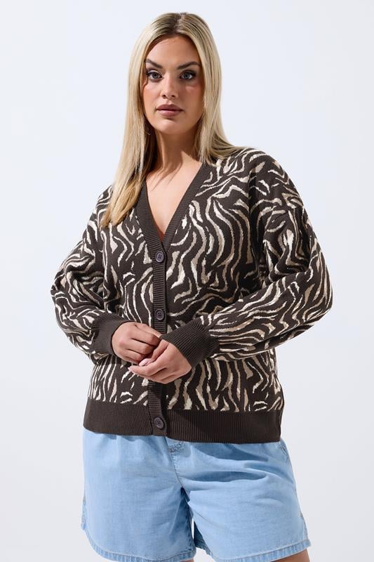LIMITED COLLECTION Plus Size Brown Zebra Balloon Sleeve Cardigan | Yours Clothing 1