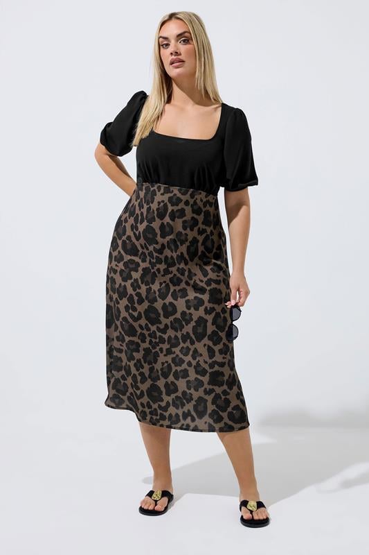 LIMITED COLLECTION Plus Size Brown Leopard Print Mixed Dress | Yours Clothing 1