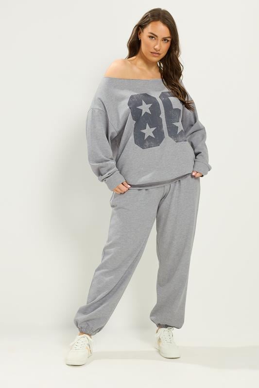 YOURS Curve Grey '86' Off-Shoulder Sweatshirt & Jogger Set