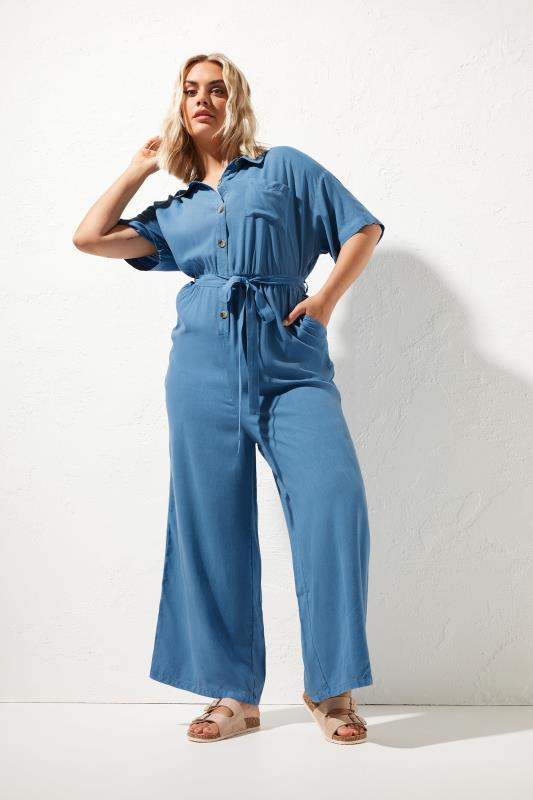 LIMITED COLLECTION Plus Size Blue Chambray Wide Leg Jumpsuit | Yours Clothing 1