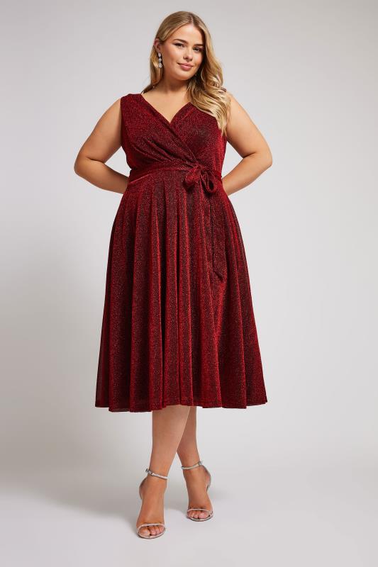 YOURS LONDON Plus Size Red Metallic Wrap Skater Dress | Yours Clothing 4