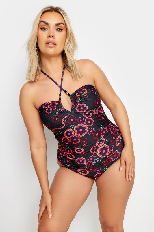 YOURS Plus Size Black & Pink Floral Halter Neck Swimsuit | Yours Clothing 2