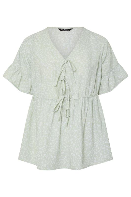 YOURS Plus Size Sage Green Ditsy Floral Tie Front Peplum Top | Yours Clothing 5