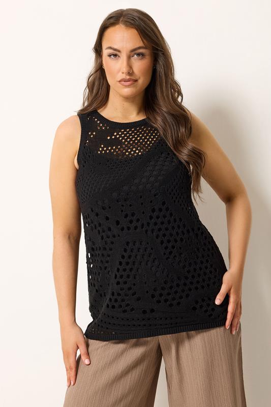  YOURS Curve Black Knitted Stitch Detail Vest Top