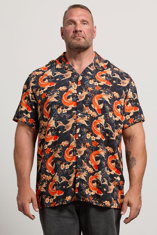 JACK & JONES Big & Tall Brown Fish Print Resort Shirt | Badrhino 1