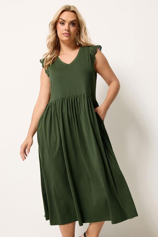  YOURS Curve Khaki Green Broderie Sleeve Maxi Dress