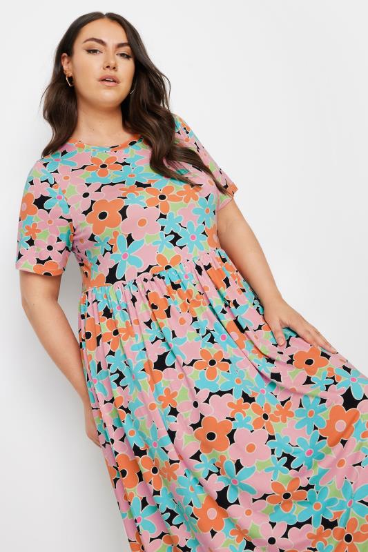 YOURS Plus Size Orange & Blue Retro Floral Print Smock Dress | Yours Clothing 2