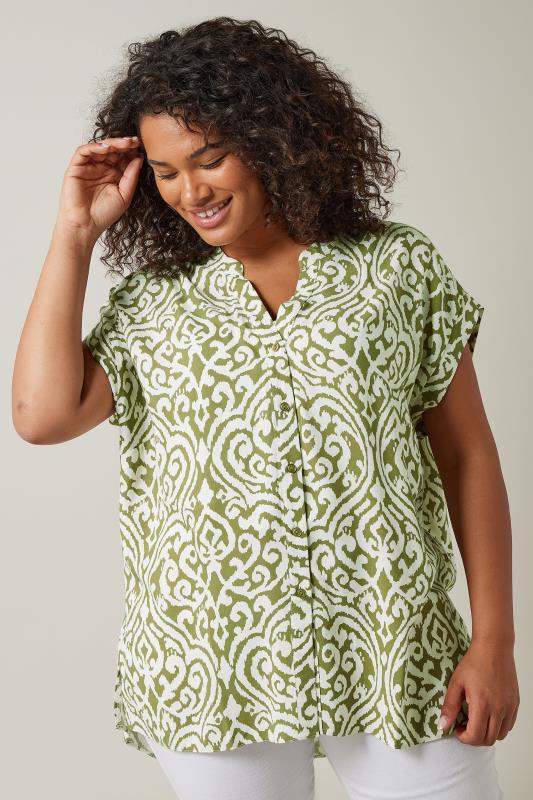 Plus Size  EVANS Curve Olive Green Abstract Print Blouse