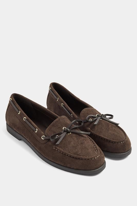 Brown Faux Suede Bow Boat Shoes In Wide E Fit | Yours Clothing 1