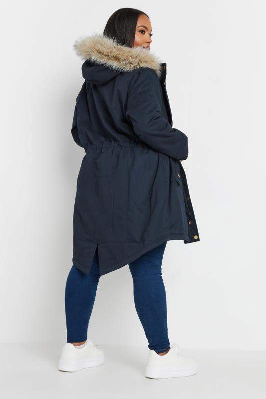 YOURS Plus Size Navy Blue Faux Fur Trim Parka Coat | Yours Clothing 4