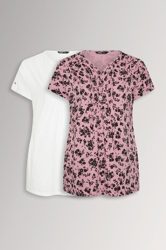 YOURSET Curve 2 PACK Pink & White Ditsy Floral Pintuck Henley Tops