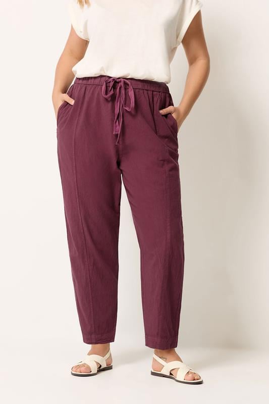  YOURS Curve Burgundy Red Cool Cotton Barrel Leg Trousers