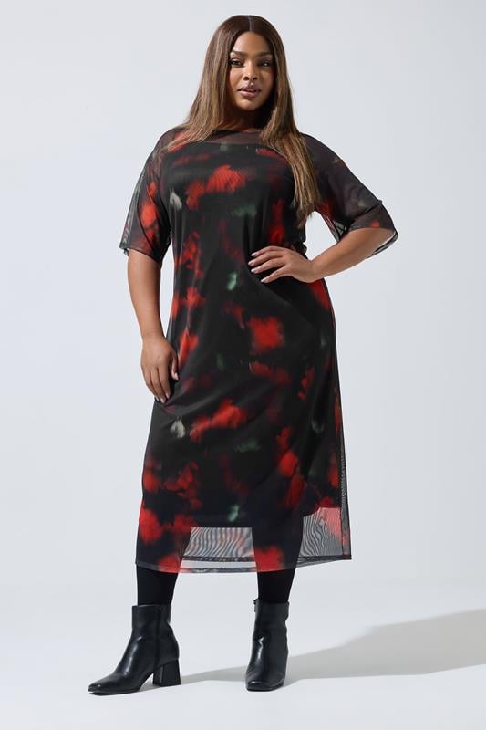  LIMITED COLLECTION Curve Black Blurred Floral Mesh Midi Dress