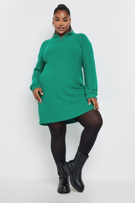 YOURS Plus Size Green Zip Neck Soft Touch Jumper Dress | Yours Clothing 1