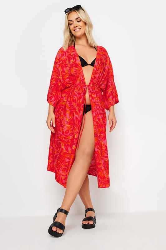 LIMITED COLLECTION Plus Size Pink Leaf Print Midi Kimono | Yours Clothing 1