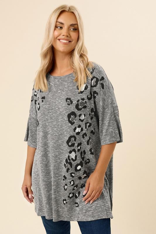  YOURS Curve Grey Leopard Embellished Drop Shoulder Top