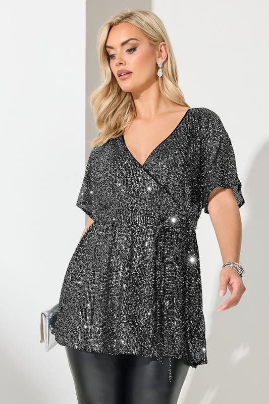 Plus Size  YOURS LONDON Curve Silver Sequin Wrap Top