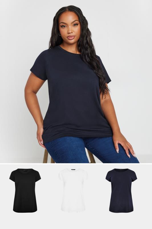 YOURS 3 PACK Plus Size Navy Blue & Black Core T-Shirts | Yours Clothing 1