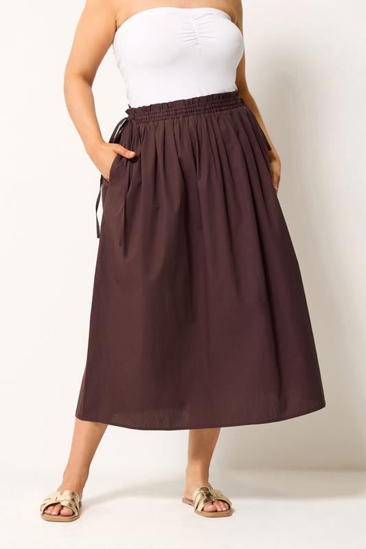 YOURS Curve Chocolate Brown Poplin Midi Skirt
