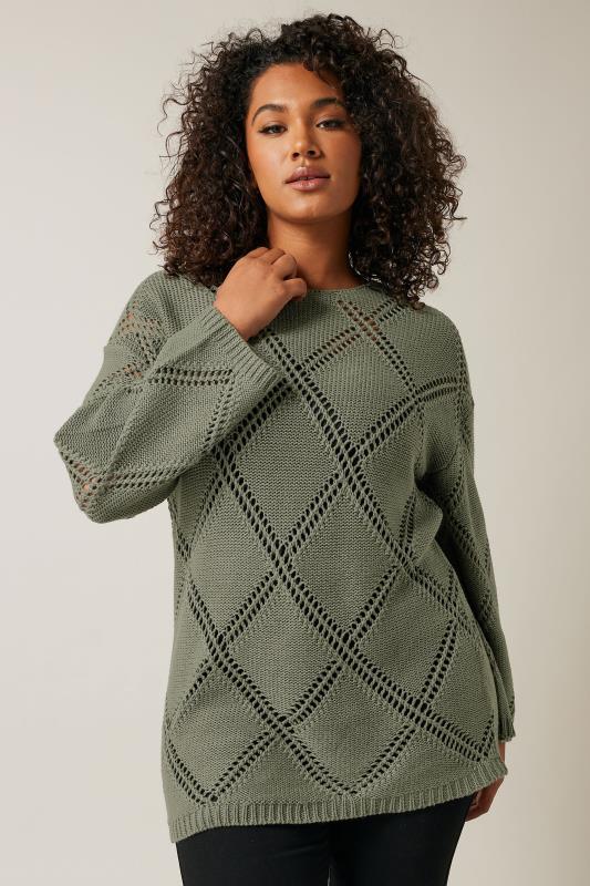 EVANS Plus Size Khaki Green Diamond Pointelle Jumper | Evans 1