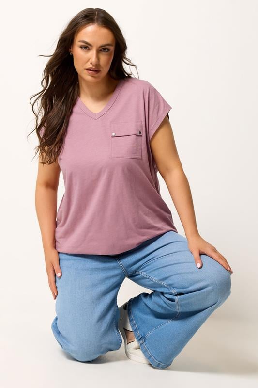 YOURS Plus Size Pink Stud Pocket T-Shirt | Yours Clothing 1