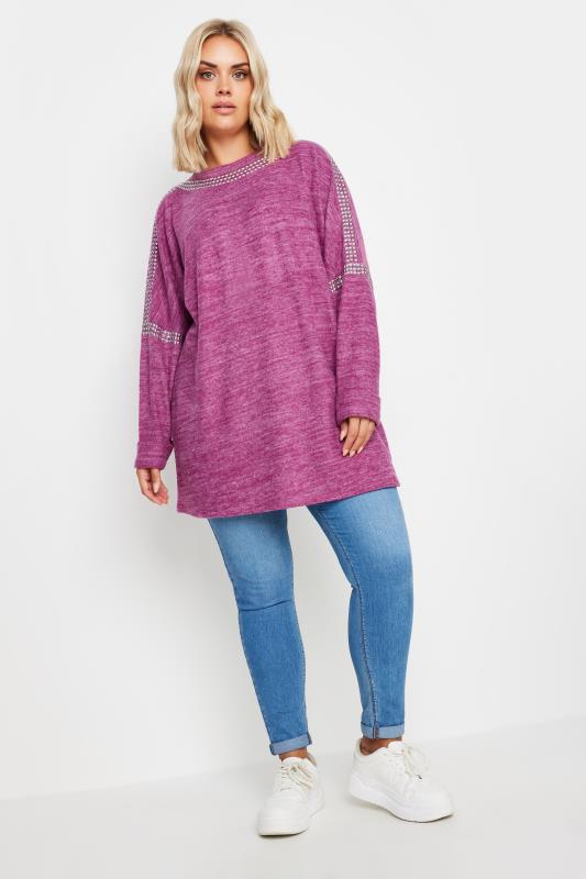 YOURS Curve Purple Marl Stud Neckline Embellished Jumper | Yours Clothing  2