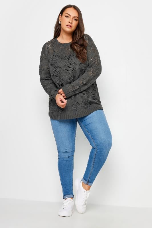 YOURS Plus Size Grey Pointelle Stitch Jumper | Yours Clothing 2