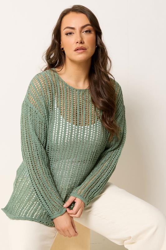 YOURS Curve Sage Green Crochet Knitted Jumper