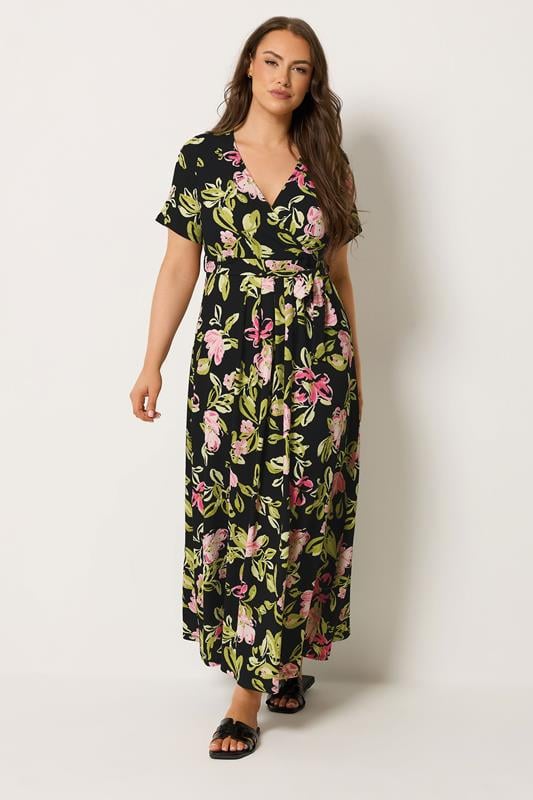  YOURS Curve Black Floral Wrap Front Textured Dress