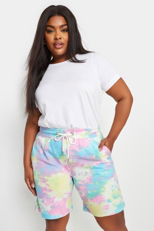 YOURS Plus Size Pink & Blue Tie Dye Jogger Shorts | Yours Clothing 1